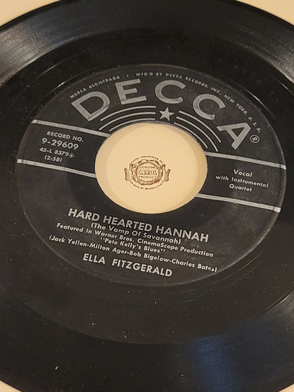 Decca 45 RPM Record - Ella Fitzgerald "Hard Hearted Hannah" - Black